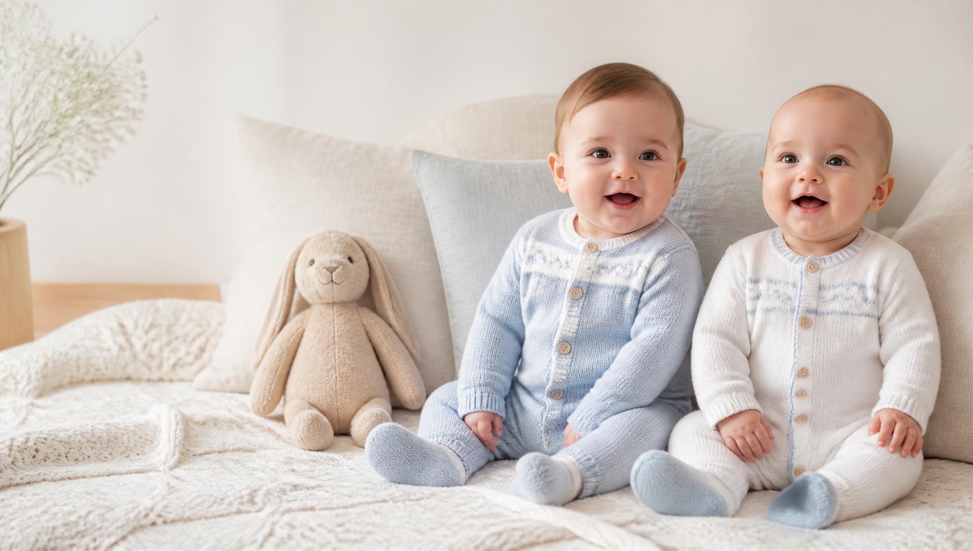 Two babies in soft knitted sleepsuits on a cream blanket